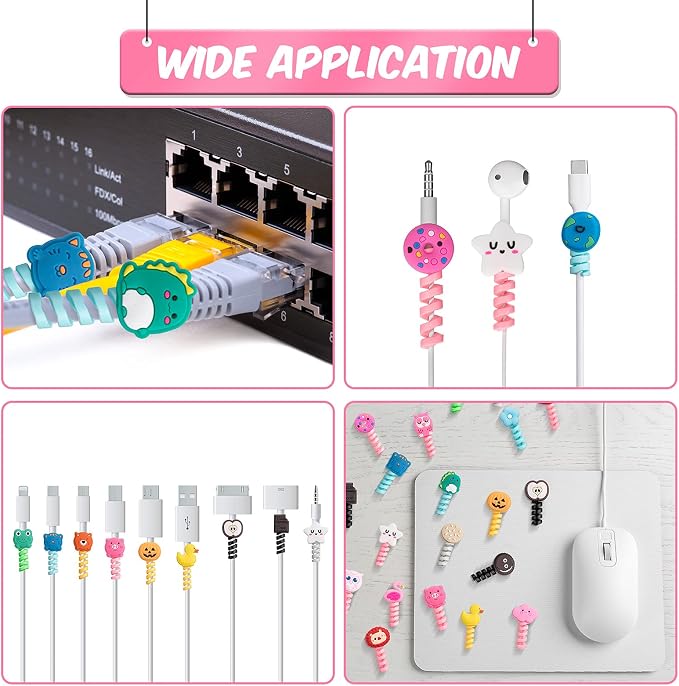 Flutesan 32pcs Cartoon Charger Cable Protector Animal, Cute Style, 2 x 3 cm | Silicone Animal Wire Saver for Phone Charger Cord, Flexible Spiral Prevents Breakage, Colorful Cartoon Buddies USB Data Lines
