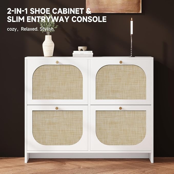 Freestanding Ultra Slim Arched Rattan Accent Shoe Storage Cabinet for Entryway - 4 Flip Drawers & 3-Tier Adjustable Shelves, Farmhouse Modern Rustic Shoe Rack for Hallway Foyer,Cloud White