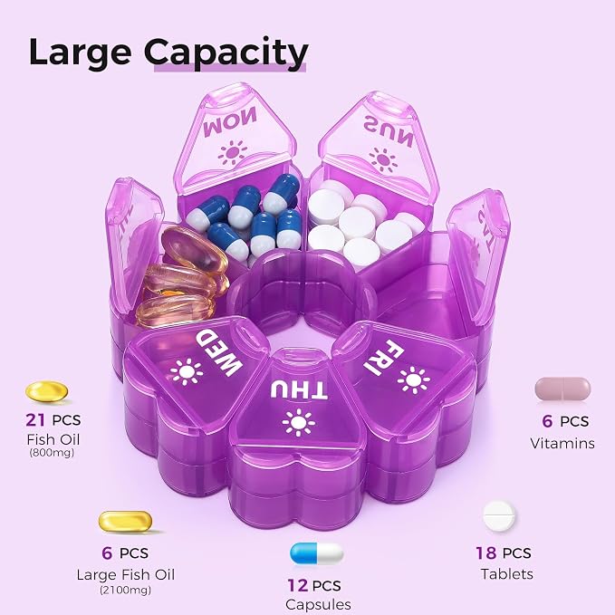 LANDNEOO Weekly Pill Organizer 2 Times a Day, Cute Double-Sided AM PM Pill Case 7 Day, Purple Travel Pill Box for Medication, Vitamins, Fish Oils, Supplements - Purple