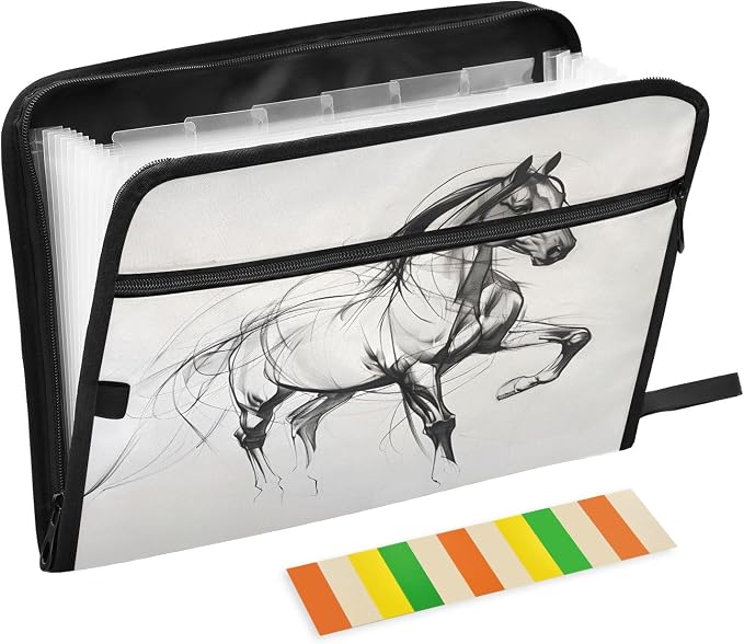 Horse Line 13 Pocket File Organizer Expanding File Folder with Front Pouch Portable Business File Storage Document Organizer Folder with Zipper