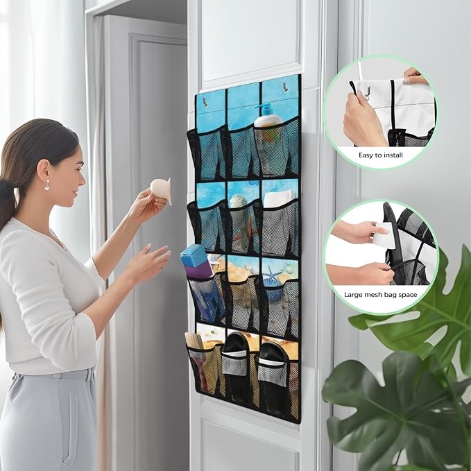 Beach Starfish Design Space Saving Hanging Shoe Organizer,Entryway Bedroom Bathroom Storage Bags with 12 Mesh Large Pockets Waterproof Reusable