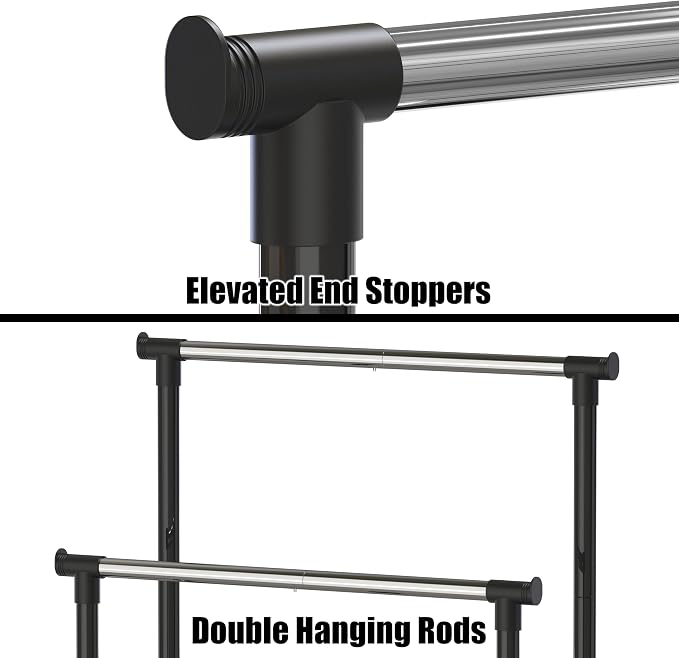 Simple Houseware Double Rods Clothing Hanging Rack on Wheels, Black | Metal Rolling Garment Rack