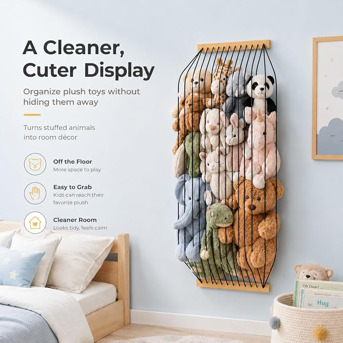 Stuffed Animal Storage Wood Soft Toy Organizer for Kids Room，Cute and Durable Wall or Door Mount Length Adjustable Hanging Stuffed Animal Toy Organizer Shelf for Nursery Play Room Black -Patent