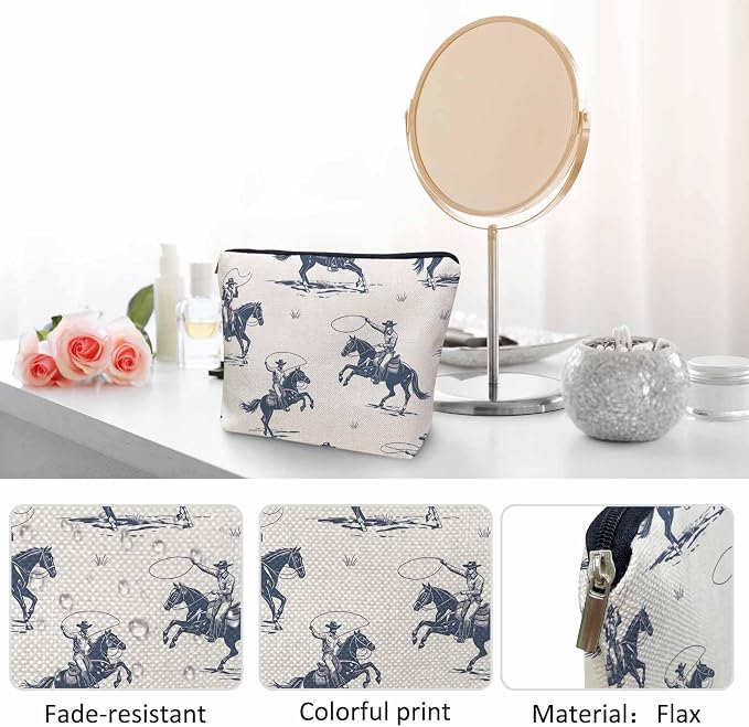 Women Cosmetic Bag Cowboy, American Western Cowboy Horse Riders Cute Makeup Bag For Purse Cosmetic Travel Bag For Toiletries Makeup Storage Bag Flax Skincare Bag Make Up Pouch Bags