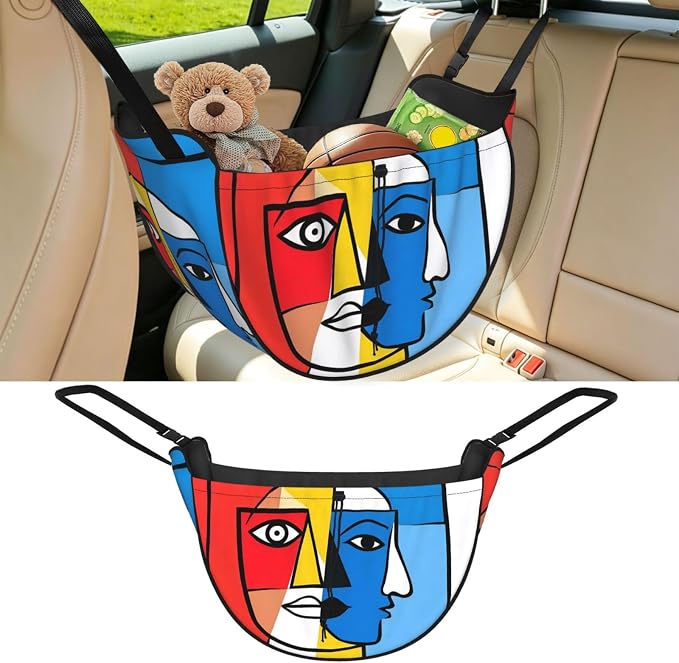 Cubist Face Car Seat Organizer-Backseat Storage Bag for Travel | Waterproof Durable. Holds Snacks Gear Essentials. Fits Most Cars.