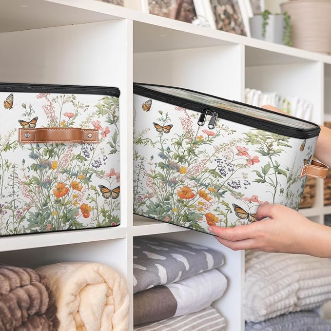 Pardick Storage Bin Wild Floral Butterfly Storage Baskets with Zipper Lid & Handle Foldable Closet Shelf Cloth Organizer Basket Cube Bins Clothes Organizer for Nursery, Bedroom