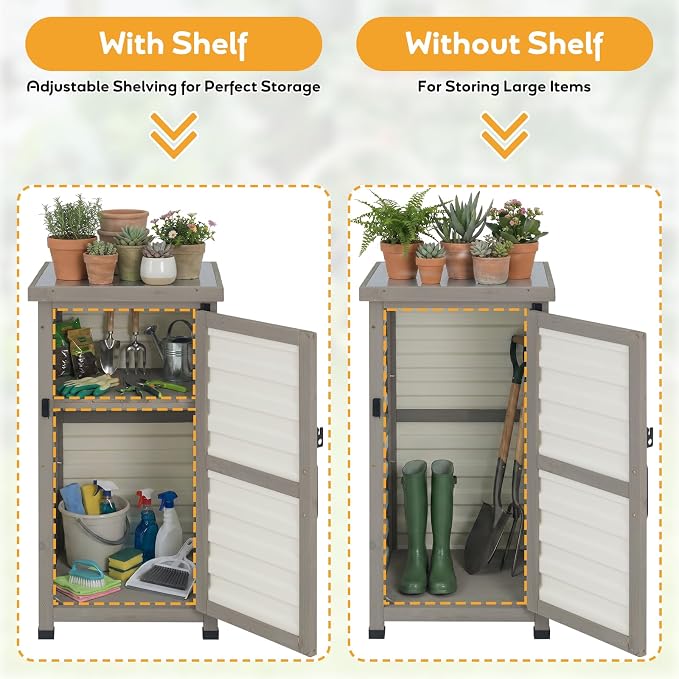 Outdoor Storage Cabinet with Metal Top, Wooden & Plastic Potting Bench & Tool Organizer, Adjustable Shelf for Patio Backyard Garden, Small Outdoor Cabinet for Tools
