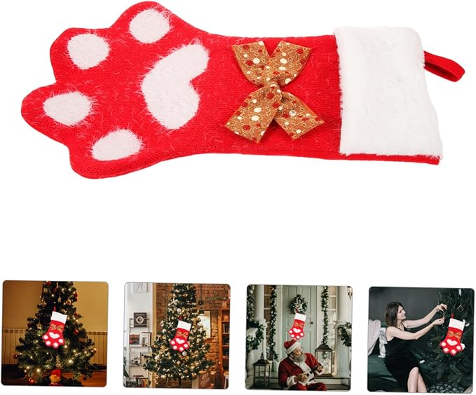 Xmas Themed Dog Paw Stocking Pendant Creative Knit Sock Hanging Ornament for Christmas Tree Fireplace Decoration Candy Storage Holiday for Pets