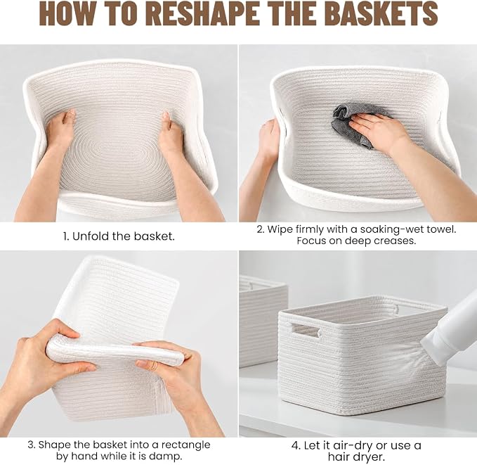 5 Pack Woven Storage Baskets, Decorative Storage Bins for Organizing | 13.8'' × 9.8'' × 7.9'', Soft Cotton Rope Basket Organizer for Closet, Shelves, bathroom, Nursery, Toys, Books, Pantry, White