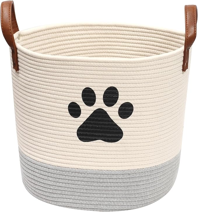 Cotton rope dog toy basket, puppy bins, laundry basket blanket storage bin - Perfect for organizing pet toys, blankets, leashes White Gray