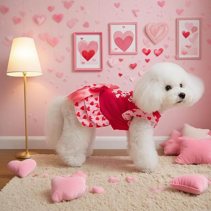 Valentine's Day Dog Dress for Small Dogs,Puppy Costumes Pet Clothes Holiday Girl Dogs Shirt with Heart Themed, Party Dog Vest Dresses Cat Apparel Sweater Warm Skirt
