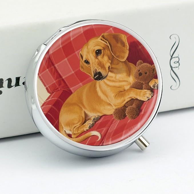 Dachshund Weiner Pet Dog Pill Box 3-Compartment Travel Pill Organizer Portable Round Medicine Case with Mirror Design for Vitamins, Jewelry & Essentials Durable Pocket Pillbox for Purse, Camping