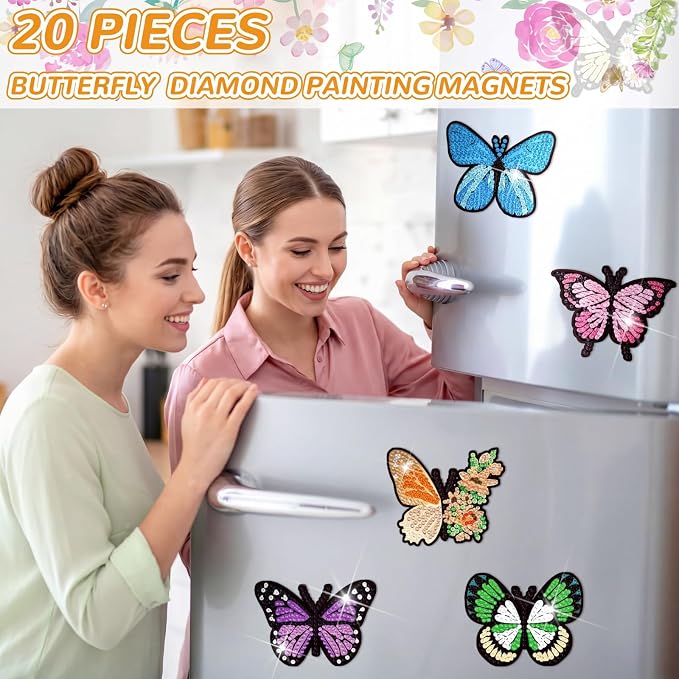 Umigy 20 Pcs Butterfly Diamond Painting Magnets Butterfly Diamond Art Stickers Refrigerator Painting Kits for Christmas Fridge Stickers(Butterfly)