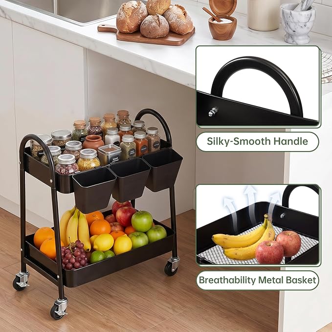 danpinera 2-Tier Rolling Cart, Utility Cart Mobile Metal Rolling Storage Cart with Lockable Wheels & Hanging Cups & Hooks for Kitchen, Bathroom, Office, Workshop, Purple