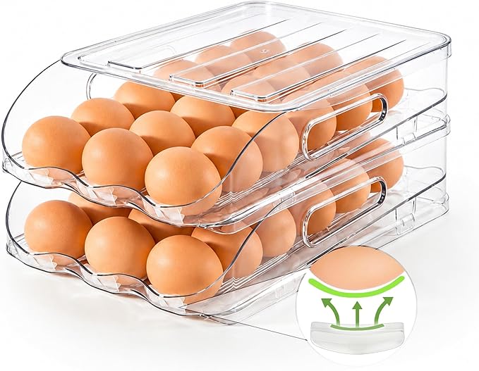 SMRCAD 36-Egg Dispenser with Silicone Bumpers, Auto-Rolling, Stackable | BPA-free food-grade PET | Stackable with lid | Built-in handle | 11.92"L x 8.85"W x 5.4"H | Hand wash only