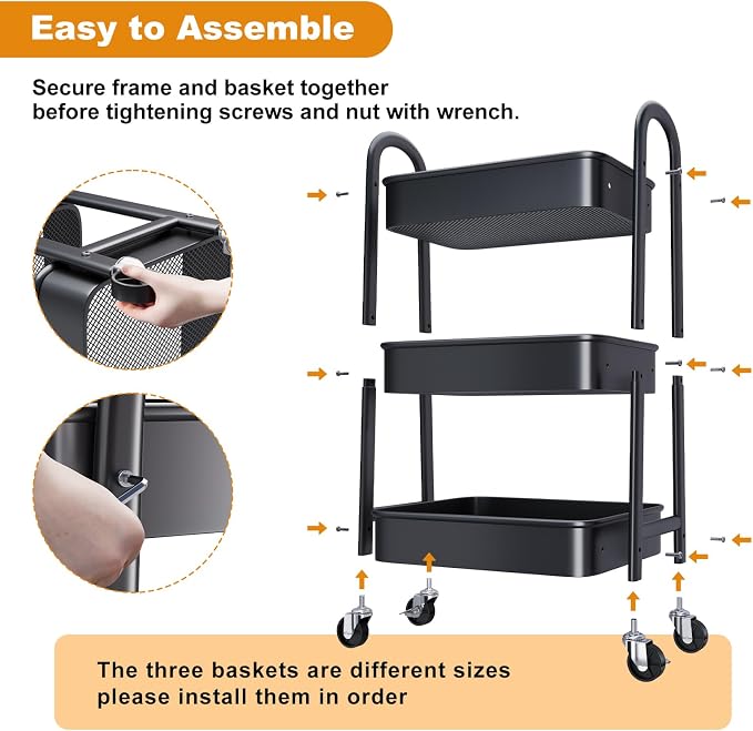 3 Tier Metal Rolling Cart Organizer, Black Utility Storage Cart with Wheels | Three Tiered Utility Roller Shelf for Craft, Art Supply, Snack, Laundry, Bathroom, Baby Essentials, Diaper Caddy, Nursery