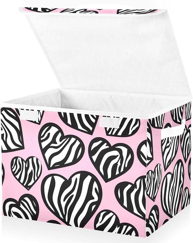 Zebra Heart Pink Storage Bins with Lids Closet Bedroom 40L Storage Basket | Decorative Storage Boxes, Foldable & Stackable, Dust-Proof Flip Top, Reinforced Handles, For Home & Dorm, Clothes & Toy Box
