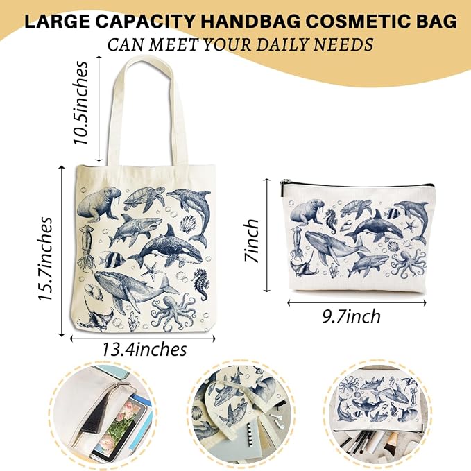 Retro Ocean Animals Turtle Whale Shark Gifts Cosmetic Bags for Women Girls Bestie Lovers Canvas Tote Bag Makeup Bag, Reusable Grocery Bags with Inner Pocket for Gym Beach Birthday Christmas Thank You