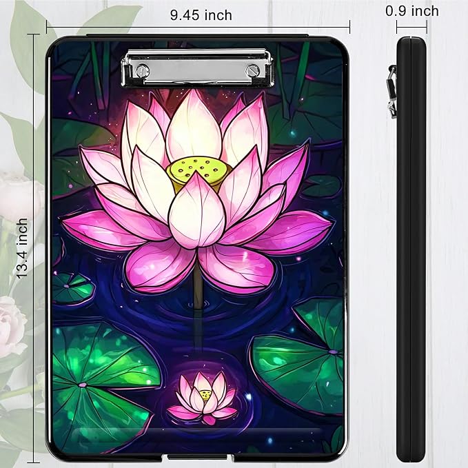 Pink Lotus Flower A4 Clipboard with Storage Pen Holder, Clipboards Organizer Nursing Clipboard Foldable File Folder Plastic Clipboard Folio Clip Board for Office Students Classroom Doctor