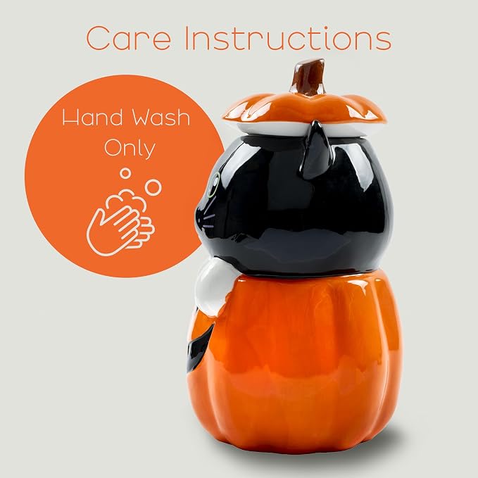 Dolomite Ceramic 11 x 6.3 Halloween Cookie & Candy Jar with Airtight Lid: Perfect for Kitchen Canisters, Pet Treat Containers & Fall Decorative Candy Dish, Black Cat Pumpkin