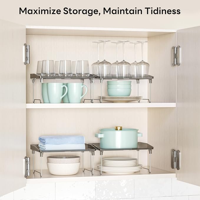 STARLATTA 2 Pcs Cabinet Organizer Shelf，Stackable Kitchen Counter Shelves, Spice Rack,Countertop Organizers，Black Plastic Storage Shelves Rack for Makeup，Bathroom, Cupboard，Desk，Pantry Organization