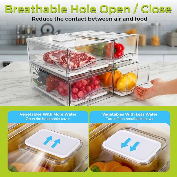 4Pack Fridge Organizer, Stackable Refrigerator Organizer Bins | Reusable Food Storage Containers, BPA-Free with Drain Tray for Kitchen, Refrigerator, Pantry (4 Drawers, Large, Medium)