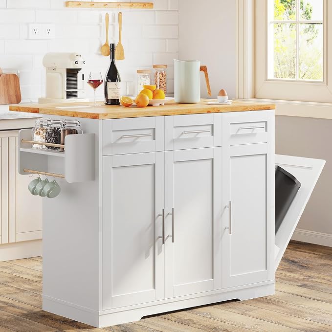 Dripex 41.5'' Kitchen Island with Power Outlet, Trash Cabinet & Storage | Rolling Kitchen Cart with Drop Leaf, Rubberwood Top, 3 Drawers, Mobile Kitchen Island on Wheels for Dining Room, White