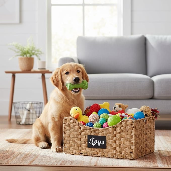 Dog Toy Basket Metal Wire Woven Dog Toy Storage Organizer, Foldable Storage Bin with Label, Decorative Pet Basket for Living Room,Bedroom,Playroom and Home Organization, Pet Owners and Families