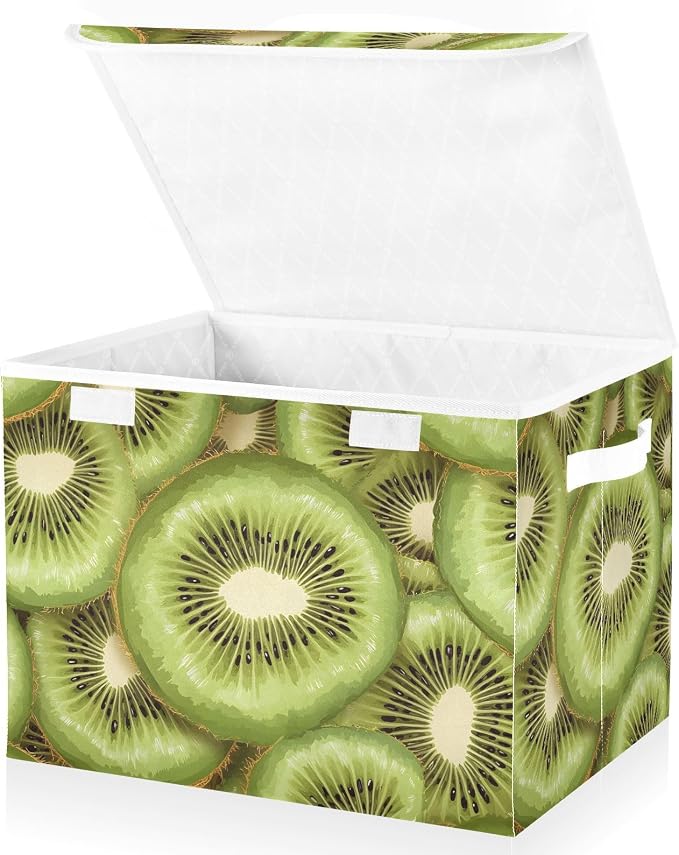 Fabric Storage Bins with Lid Fresh Kiwi Slice Closet Storage Basket 40L | Decorative Storage Boxes, Dust-Proof Flip Top, Reinforced Handles, For Home & Bedroom, Clothes & Toy Box, Oxford Fabric Print