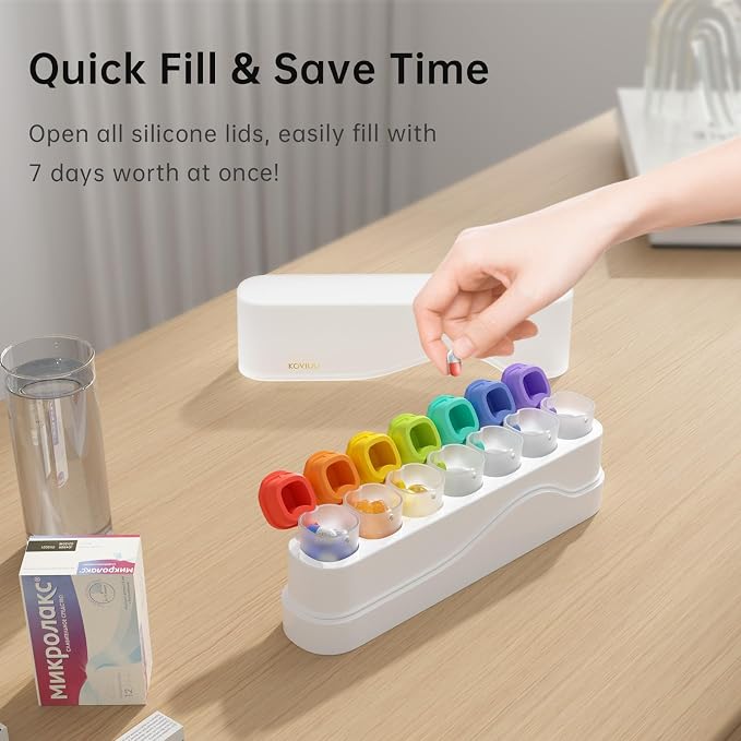 KOVIUU Weekly Pill Organizer 1 Time a Day, Detachable Pill Box 7 Day, White | Travel Pill Case | Once Daily Medication Dispenser | Week Pill Holder Container for Vitamin, Medicine, Supplement | BPA-Free