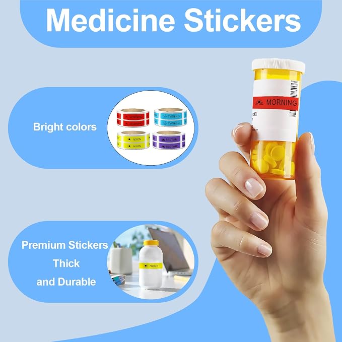 2000 Pcs 4 Rolls Pre-Cut Medicine Stickers Medication Instruction Labels | Morning Noon Evening Bedtime Medication Reminder Stickers for Pill Case Planner or Pocket Pharmacy Labels (500 Per Roll ）