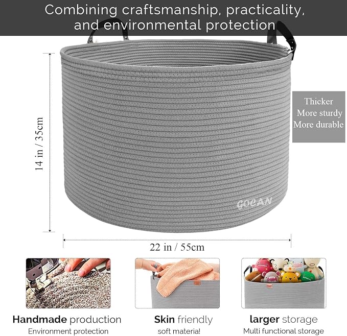 Cotton Rope Woven Laundry Basket 22"X 22"X 14" with handles(Gery) XXXL | Hand-woven, ideal for storing blankets and cushions in the living room, and clothes for household storage.