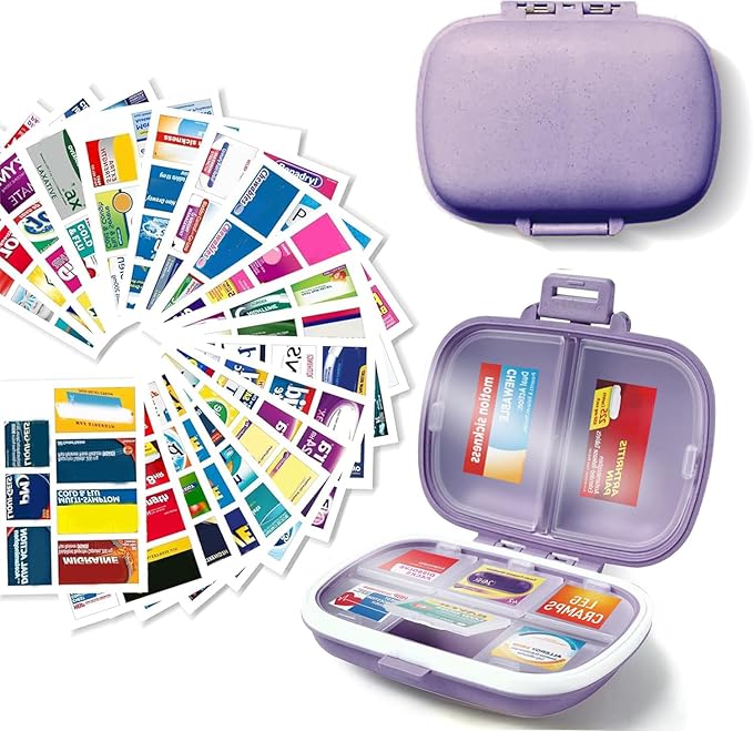 iouwei 7 Day Pill Container with Medicine Labels - Mini Medication Organizer (Purple, 161 Labels)