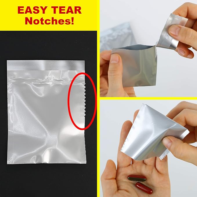 Mansung M 600 Mylar Heat Seal Pill Bags -Labeled 2.7x3.5 inch - Aluminum Foil Packets Pillsuite Organizer Smell Proof Packaging Easy Tear Open Top Pillpack Packets for Travel Food Storage Pouche Pack