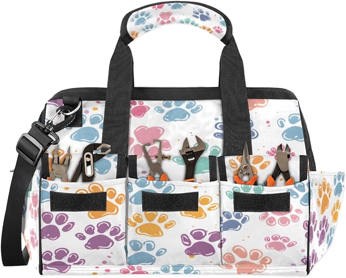 Cat Dog Paw Print Tool Bags for Men Women Multi-Pockets Wide Mouth Tool Organizer Storage Tote Bag Waterproof Stroage Bags with Adjustabe Shoulder Straper for Car Electrician Garden
