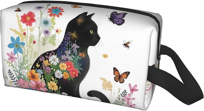 Floral Cat Silhouette Makeup Bag - Durable 600D Oxford Fabric Travel Cosmetic Bag, Shockproof Foam Padded Toiletry Organizer for Gym & Daily Use 10x6.2x4.9 Inch