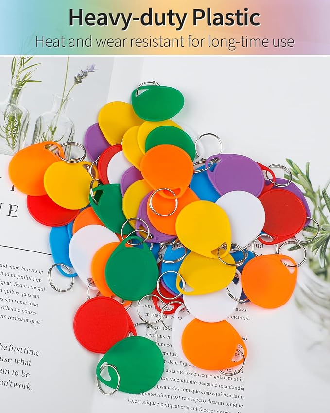 Uniclife 1.5 Inch Colorful Key Tags for Labeling Writable Round Plastic Key Chain Tags with Split Rings Sturdy Item Identifiers in 7 Assorted Colors, 100 Pack