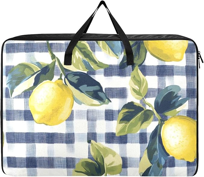 Comforter Storage Bags Large Folding Blanket Organizer Bag with Strong Handles Clear Window Closet Storage Containers for Clothes King Queen Pillows Bedding Quilt Duvet Blue Gingham Yellow Lemo