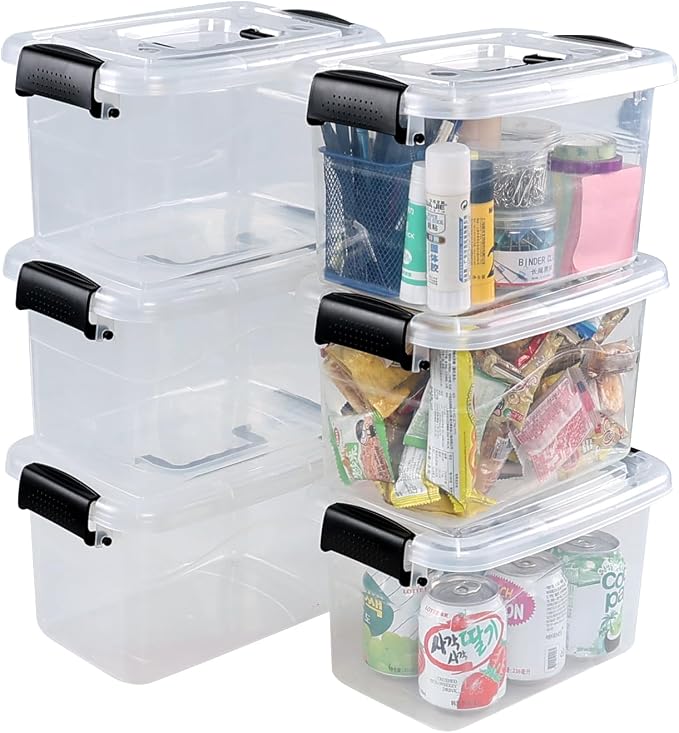 6 Quart Plastic Clear Storage Latching Box with Handle, 6 Packs | Plastic Latch Tote Bin Container with Lids