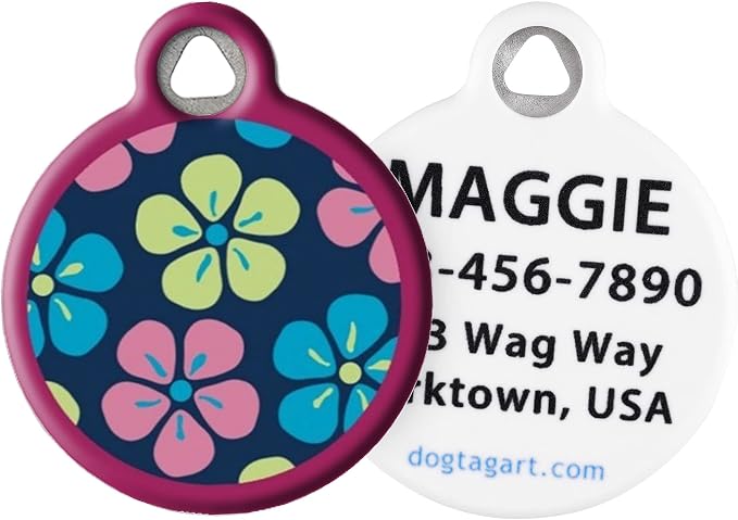 Flower Power Lupine Pattern Personalized Pet ID Tag for Dogs and Cats, Silent Polymer Coated Stainless Steel Nametag with Customized Identification Information - Large 1.25" Diameter