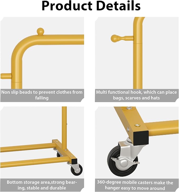 Sywhitta Metal Clothing Rack on Wheels with Bottom Shelf,Gold Yellow | Rolling Garment Rack for Hanging Clothes, Coats, Skirts, 39.76" L x 16" W x 63.78" H,Space-Saving Mobile Organizer for Closet