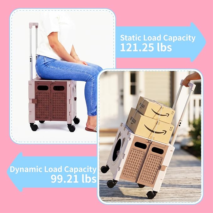 Foldable Shopping Cart with Wheels: Cat-Style Rolling Utility Crate | Adjustable Handle, Clear Window, All-Terrain Wheels, Grocery Trolley for Teacher, Market, Office, Luggage, Laundry, Garden
