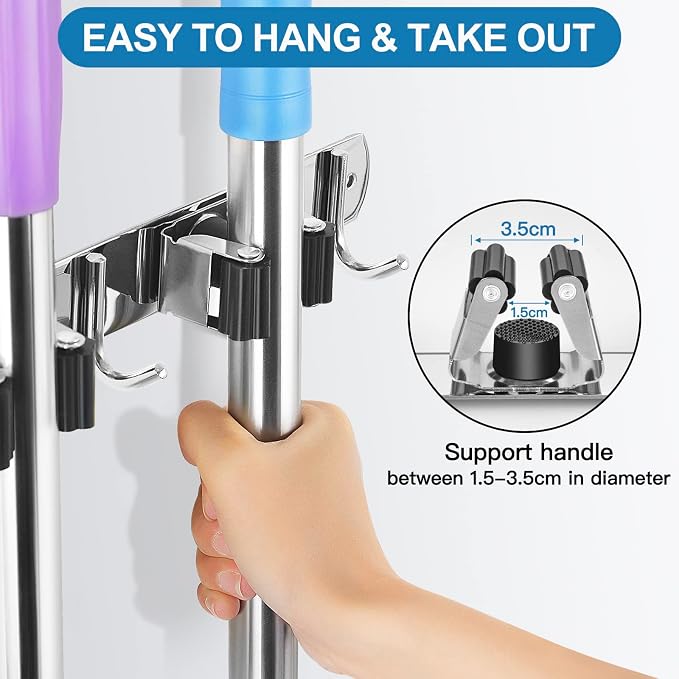 IMILLET 2 Pack Broom Holder Wall Mount Stainless Steel Mop Organizer | 4 Racks 5 Hooks Heavy Duty Garage Organization Storage,Broom and Mop Organizer Wall Hanging Self Adhesive for Laundry Room
