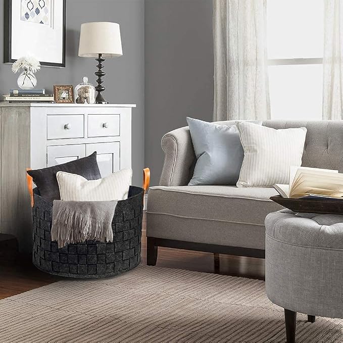 boldmonkey Laundry Basket 20 " x20 x11.8 , Large Round Blanket Basket with Leather Handle, Felt Storage Basket for Living Room, Nursery, Dog Toys-Dark Gray