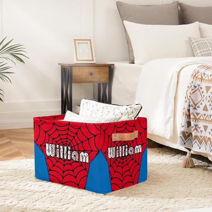 AUUXVA Custom Name Rectangle Storage Basket with Handles, Personalized Spider Web Cube Organizer Bins for Shelves Collapsible Toys Storage Box Clothes Baskets for Nursery Home Kids Room