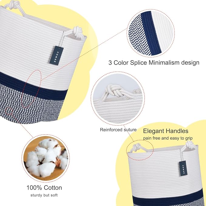 COMSE Tall Woven Blanket & Laundry Basket, 72L, Blend White & Navy Blue | 15.7”x 21.7”, Cotton Rope, Large Nursery Hamper for Storage of Toys Clothes Towels, Great for Living Rooms Bedrooms Bathrooms