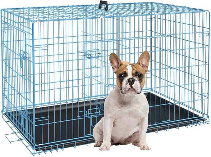 Medium Dog Crate, 30 Inch, Blue, Heavy Duty Steel Wire Folding Dog Cage with Removable Trays, Double-Door, Divider Panel, Handle, Puppy Crate Pet Crate