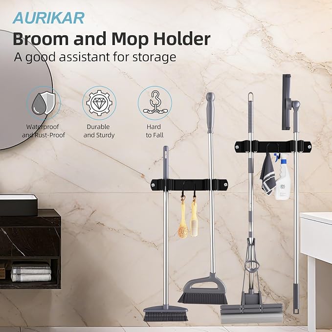 Broom Holder Wall Mount, 2-Pack Stainless Steel Mop and Broom Organizer, Broom Hanger with 2 Slots 2 Hooks for Home Kitchen, Garage, Garden and Laundry Room, Black