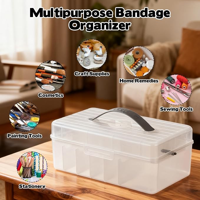 Clear Plastic Bandages Storage Organizer, 2 Tiers Bandage Storage with Lid and Handle, First Aid Box, Large Portable Medicine Container Holder Empty, Suitable for Home, Office, Travel, School, Office