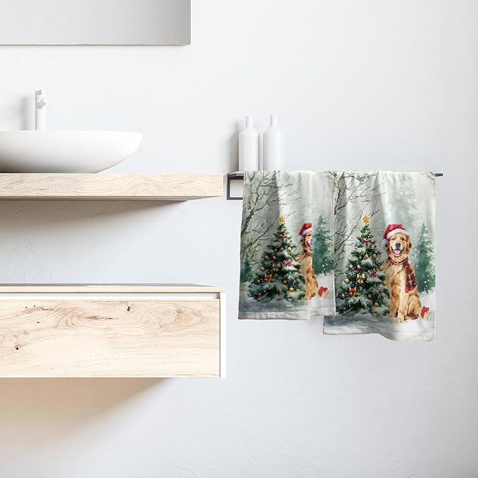 Giwawa Winter Dog Hand Towels Xmas Tree Fingertip Face Towel Set of 2 Soft Absorbent Holiday Kitchen Tea Dish Towels for Bathroom Home Gym Decor
